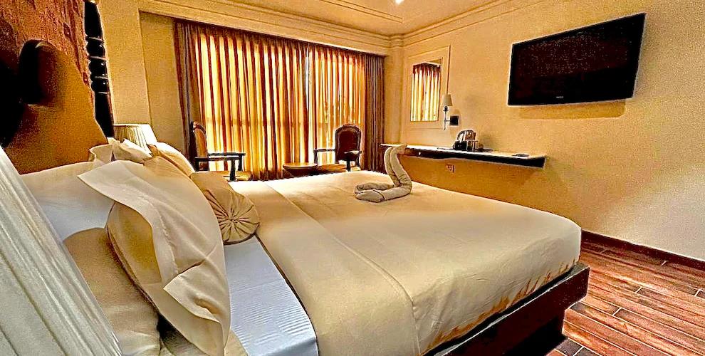 a bedroom with a large bed and a tv at The Saga Hotel in New Delhi hotel_Image