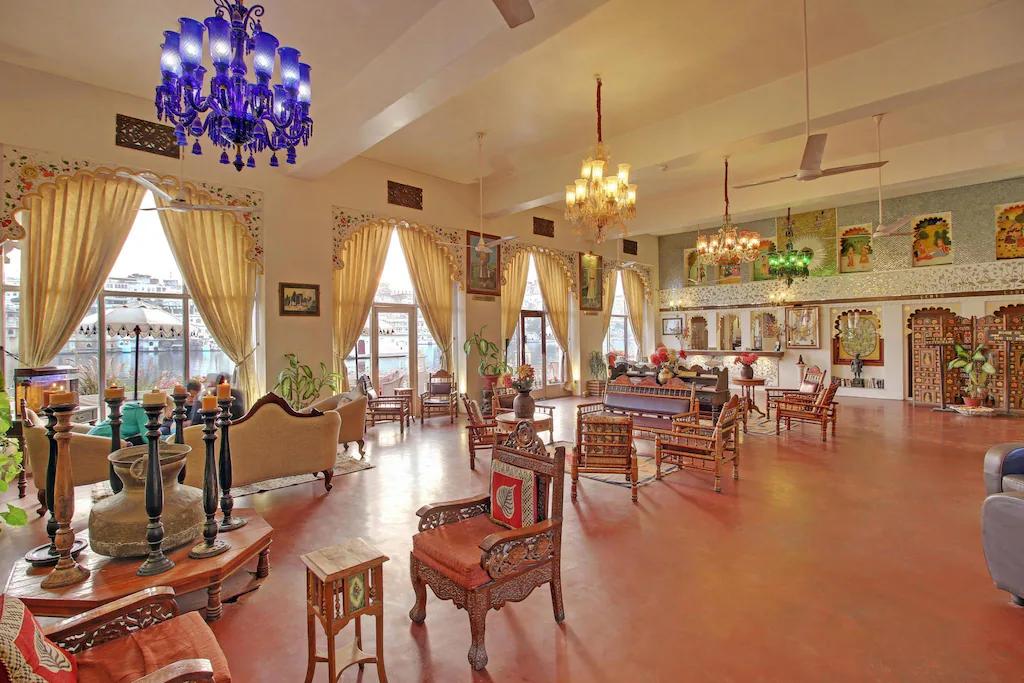 a wonderful hotel view with sofa and table at lake pichola hotel in udaipur hotel_Image